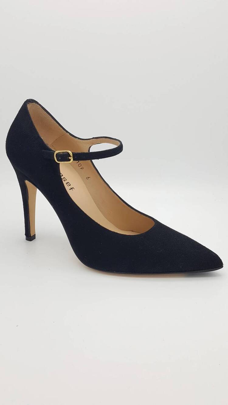 NEW JON JOSEF women's suede pointed-toe mary jane pump in black